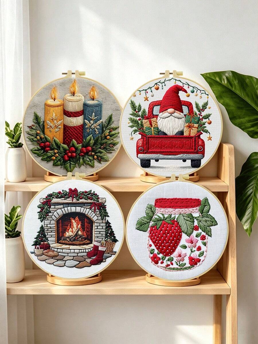 Christmas Decorations Embroidery Kit For Adult Beginners. Includes Manual, Printed Fabric, Hoop, Needles, Threads & Stitch Guide. Great Home Gift For Women. Size: 15x15cm/5.9in Or 20x20cm/7.9in.