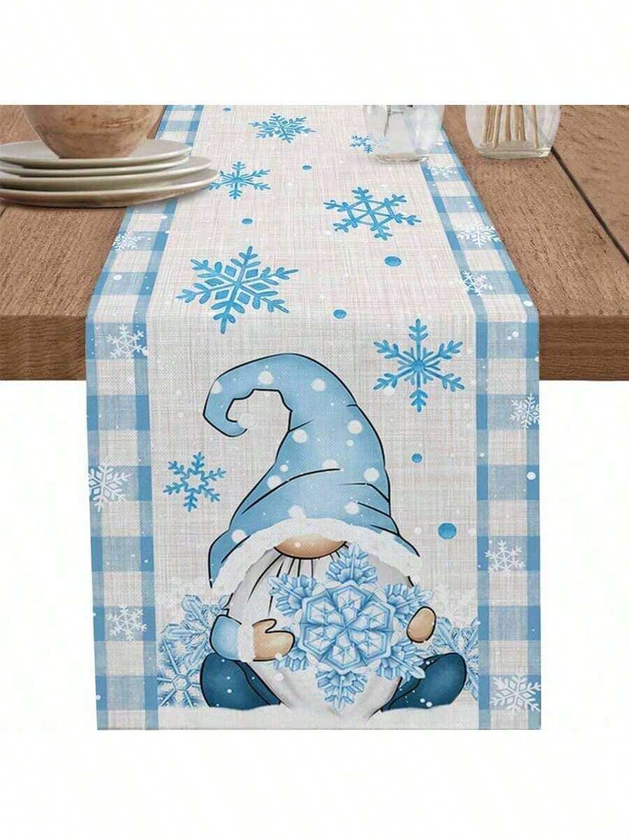 Taplak Meja Natal Motif Kurcaci Biru, Kepingan Salju, Kotak-kotak, Dekorasi Pesta Liburan, Taplak Meja Makan Dapur Natal Musim Dingin yang Dapat Digunakan Kembali, Dekorasi Natal - MultiWarna - View 1