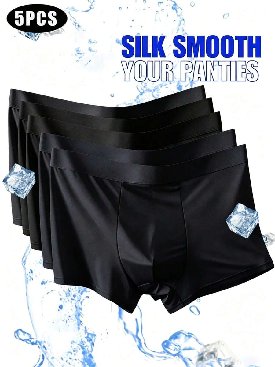 5pcs/Set Men's Silk Blend Boxer Briefs, Solid Color Underwear & Sleepwear Shorts
