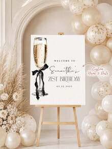 1pc Customizable Champagne-Style Birthday Welcome Sign, Customizable Name And Date, Elegant Black Bow Design, Suitable For 21st/30th/40th Birthday Party Decor, Home Decor, Party Decoration - Multicolor - View 7