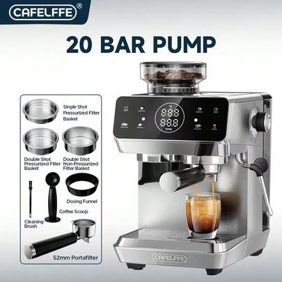 Mesin Espresso CAFELFFE, 20 BAR, Seduh Panas dan Dingin, Pembuih Susu, Penggiling Terintegrasi, Fungsi Uap, Layar Sentuh, Fungsi Pembersihan Otomatis, Bodi Stainless Steel, 44 Tingkat Presisi Penggilingan, Tangki Air 1,8L, Wadah Biji Kopi 110g. Ideal untuk Rumah, Kantor, dan Pecinta Kopi.