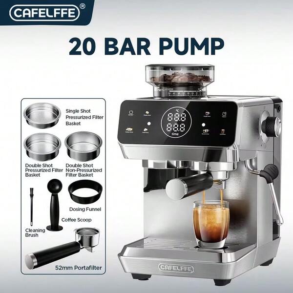 Mesin Espresso CAFELFFE, 20 BAR, Seduh Panas dan Dingin, Pembuih Susu, Penggiling Terintegrasi, Fungsi Uap, Layar Sentuh, Fungsi Pembersihan Otomatis, Bodi Stainless Steel, 44 Tingkat Presisi Penggilingan, Tangki Air 1,8L, Wadah Biji Kopi 110g. Ideal untuk Rumah, Kantor, dan Pecinta Kopi.