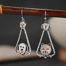 DIYCCPC Anting Liontin Hewan Peliharaan Halloween, Bingkai Segitiga Perak, Wajah Kucing & Anjing Enamel, Aksesori Pesta Liburan Wanita yang Menyenangkan - MultiWarna - View 4