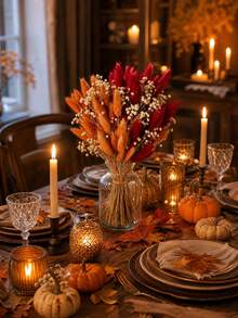 32pcs Artificial Rabbit Tail Grass, Baby's Breath Flowers - A Bold Autumnal Faux Decor Set. Perfect For Autumn Crafts, Halloween Party Decor, Thanksgiving Table Centerpieces, Farmhouse Vase Fillers, Everyday Home Decor And Seasonal Holiday Displays. - Orange-red - View 3