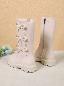 1 Pair Beige Bow Decor Soft PU Mid-Calf Classic Boots, Anti-Slip Wear-Resistant Rubber Soft Sole, Portable Side Zipper Princess Boots, Suitable For Daily Casual, Warm, Hiking, Home, Party, Outdoor Wear, Autumn/Winter New 2026 - Beige - View 6