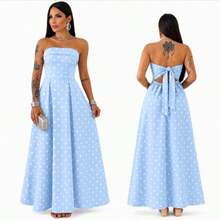 Elegant Premium Tailored Strapless Long Dress With Back Tie-Up, Trending Polka Dot - 藍白色 - 查看 1