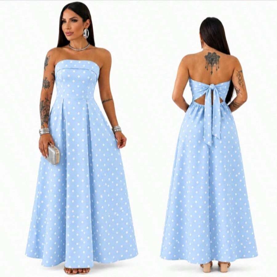 Elegant Premium Tailored Strapless Long Dress With Back Tie-Up, Trending Polka Dot - 藍白色 - 查看 1