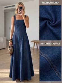 Elegant Bohemian Denim Backless Dress, Suitable For Vacation And Everyday Wear Spring - Navy Blue - View 1
