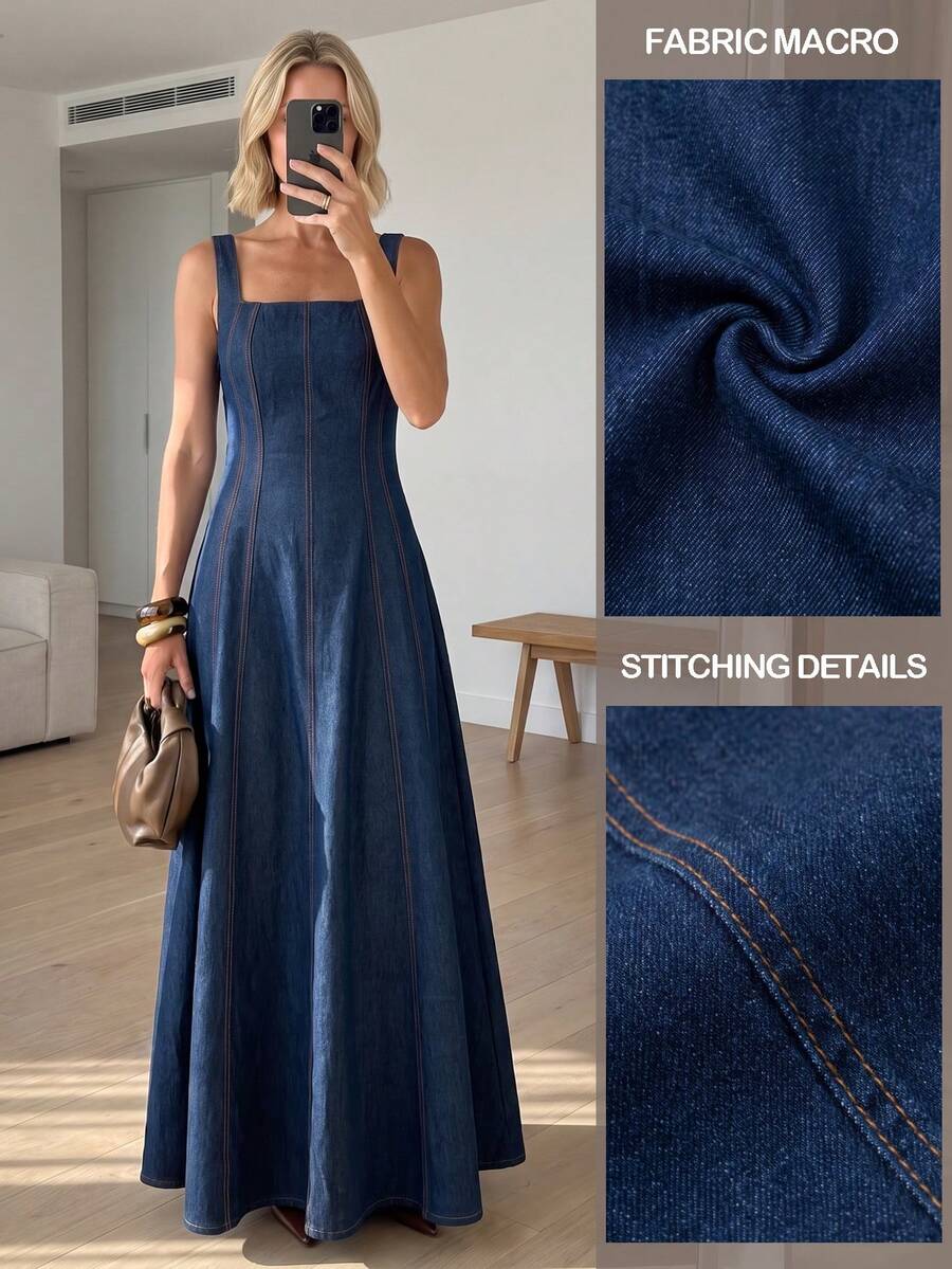 Elegant Bohemian Denim Backless Dress, Suitable For Vacation And Everyday Wear Spring - Navy Blue - View 1