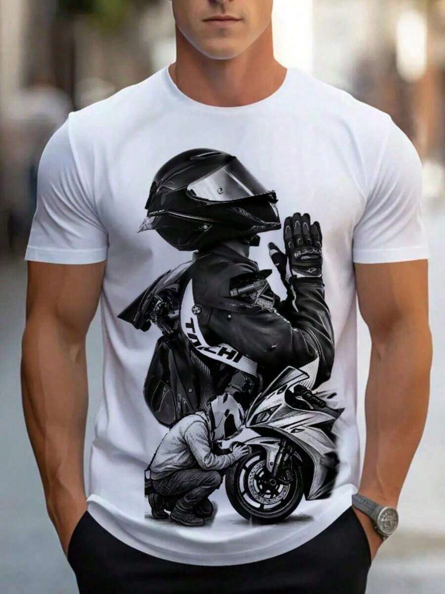 Camiseta Gráfica de Motocicleta para Hombre - Tejido Suave y Transpirable - Camiseta Ligera e Informal para Motociclismo, Bares y Uso Casual - Lavable a Máquina, Prenda Esencial para el Día El cosplay - Blanco - Ver 1
