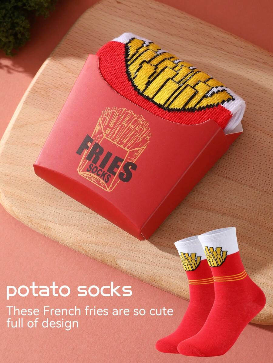 1 Pair Creative & Whimsical French Fries Themed Mid-Calf Casual Socks, Gift For Men/Women, French Fries Box Shaped Packaging, Imaginative & Fun Design, Suitable For Christmas/Halloween/Thanksgiving/Carnival/Day Of The Dead/Back To School/Teacher's Day/Valentine's Day Gifts, Perfect For Home Relaxation/Family Gathering/Date Outing/Office Daily/Short Vacation/Creative Theme Party/Friends & Family Birthday Gift