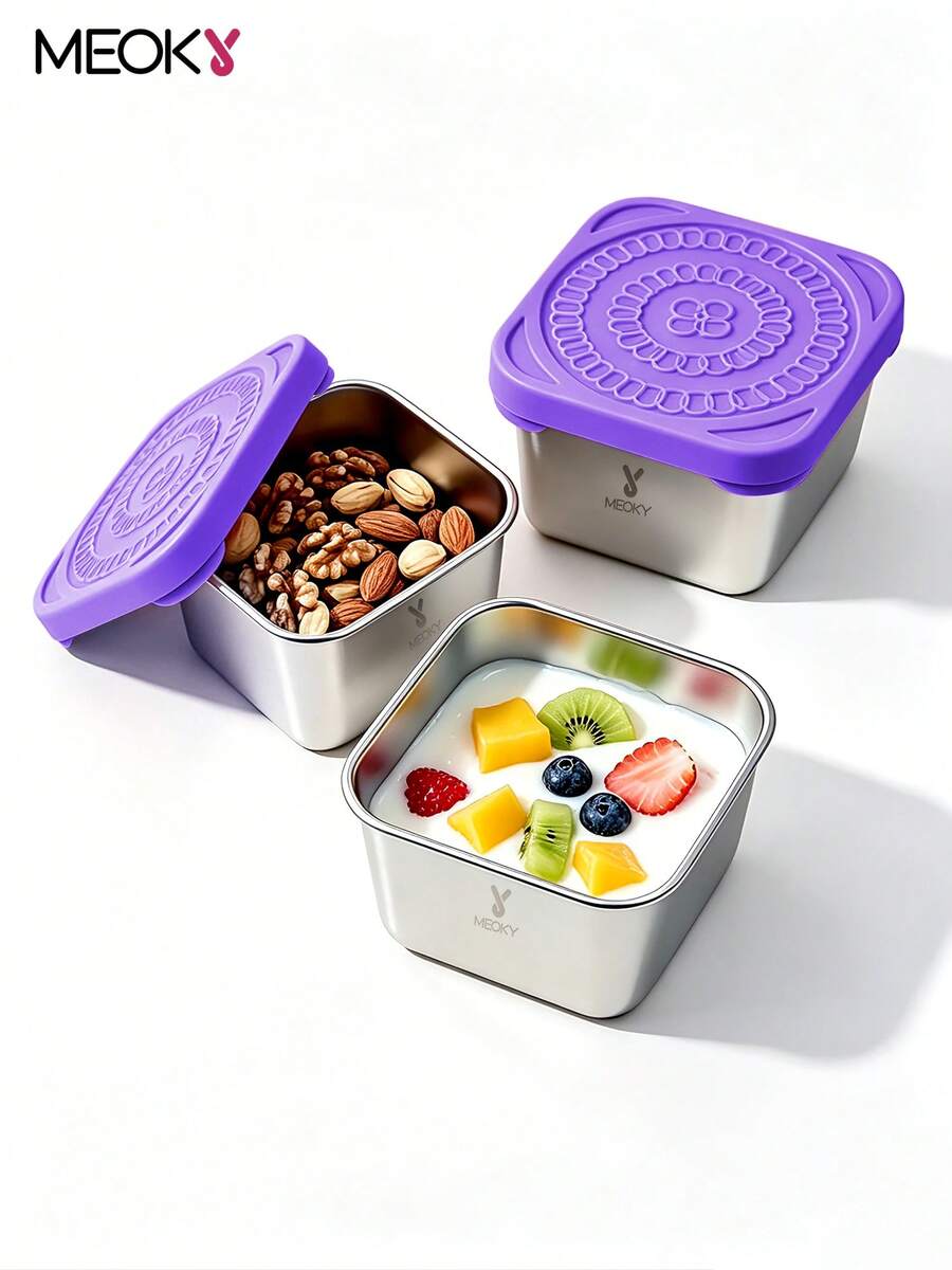 Meoky 3个8盎司不锈钢密封食品储物盒，带硅胶盖，防漏小型食品储物盒，可重复使用的金属午餐盒，适用于零食、餐食准备、旅行、野餐 - 紫色*3件套裝 - 查看 1