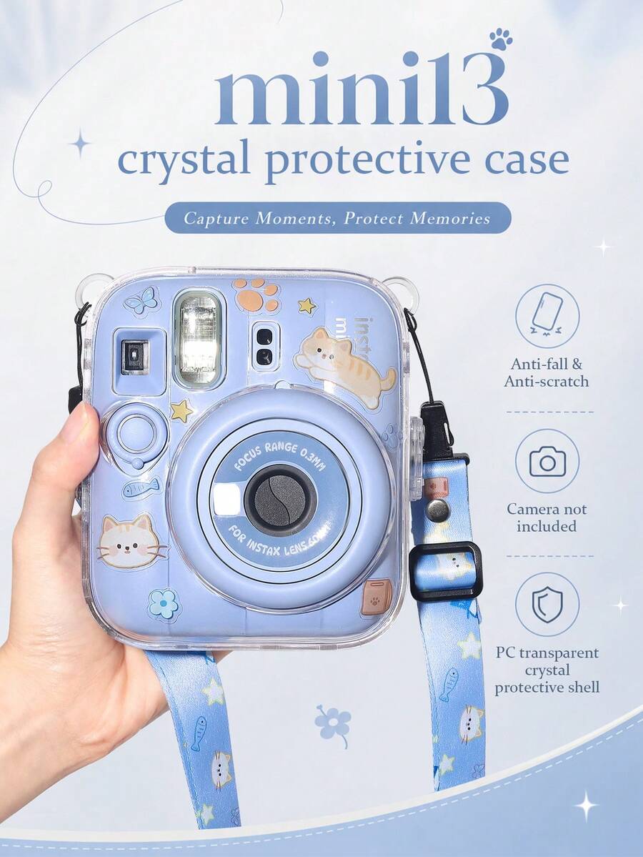 Fujifilm Mini 13 硬 PC 相機保護殼，防摔防刮透明保護殼 + 可調節印花掛繩 + DIY 卡通貼紙，耐用防黃保護套，適合旅行、戶外與日常攝影
