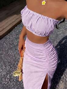 Women's Sexy Casual Cute Striped Strapless Ruched Slit Two Pieces Outfit Summer Elegant - Purple - View 1