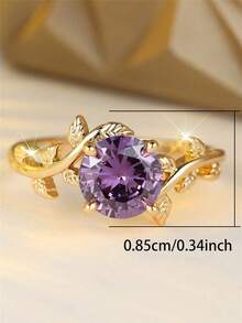 1pc Retro Floral Design Purple Cubic Zirconia Gold-Plated Copper Alloy Ring, Suitable For Mother's Day, Festivals, Daily Wear, All Season - Purple - View 3