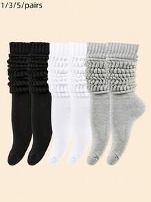 1/3/5 pares de calcetines de punto holgado de media pantorrilla de unicolor para mujer, calcetines suaves y transpirables de capas, calcetines casuales cálidos en negro, blanco y gris, adecuados para uso diario en otoño/invierno - Multicolor - Ver 9