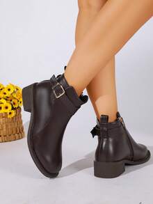 Women's Coffee Brown Metal Buckle Lace-Up Ankle Boots, Round Toe Low Square Heel Side Zipper Commuter Casual Short Boots - Coffee Brown - View 7