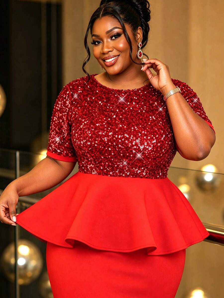 Christmas Plus Size Women Sparkly Red Sequin Peplum Top Round Neck Short Sleeve Cuff Trim Layer Ruffle Hem Slim Fit Formal Party Evening Blouse - Red - View 1