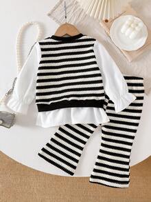 Korean Style Baby Girl Vintage Striped 2-Piece Set, Wavy Hem Faux Layered Patchwork Long Sleeve Top, Soft Textured Striped Loose Flared Pants, Spring/Autumn Outfit - Black and White - View 2