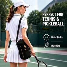 Portable Tennis Bucket Bag, Lunch Tote & Crossbody Storage, Quick Flip Lid, Front Zip Pocket, Mesh Side Pockets, Adjustable Strap, Self-Standing Base. Durable Nylon, Black/Yellow. For Outdoor Sports & Commuting. - Black - View 9