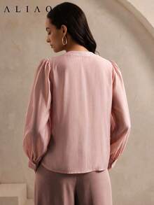 ALIAO Spring/Autumn Solid Color Ruffle Trim Round Neck Puff Long Sleeve Women's Blouse, Pink Casual Dating Dopamine Style - Dusty Pink - View 4