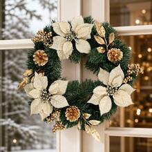 Künstlicher Weihnachtskranz 40cm mit weißen Weihnachtssternen und goldenen Tannenzapfen, dekorative Girlande für Tür und Wand in Grün, Weiß und Gold, 40x8x40cm - A - Übersicht 3