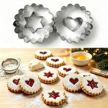 2/4pcs Cute Hollowed-Out Heart, Star & Christmas Tree Stainless Steel Cookie Cutter Molds, 2-In-1 Wavy Edge Linzer Cookie Cutters, Moulds For Jam-Filled Biscuits, Candy, Sandwich, Pastry, Bread DIY Baking Tools, Kitchen Baking Accessories, Christmas - Multicolor - View 1