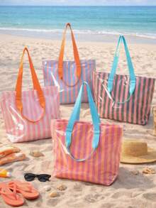 Waterproof Striped Beach Tote Bag Clear Transparent PVC Summer Handbag Large Capacity Shoulder Bag Portable Swim Pool Travel Shopping Bag For Vacation - Multicolor - View 4