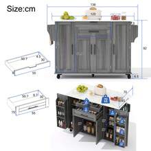 Rolling Kitchen Island Cart With Fold‑Out Extension Tabletop, 2 Drawers & Multi‑Cabinet Storage With Adjustable Shelves & Door Racks, Mobile Kitchen Trolley With Towel Rack & Spice Rack For Kitchen Dining Room - Grey - View 2