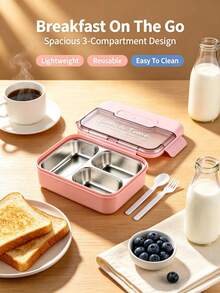 1pc 720ml Adult Lunch Box With Utensils And Leak-Proof Lid, 3-Compartment Divided Lunch Box, 1pc Durable 304 Stainless Steel Leak-Proof Lunch Box With Stainless Steel Utensils, Easy To Clean, 1pc Insulated Food Container, Vacuum Lunch Box - Multicolor - View 7