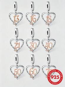 1件925纯银里程碑生日心形吊坠，玫瑰金“我爱你到天涯海角”字母珠，适合搭配手链，防过敏，生日礼物，送给她的完美之选 - 銀色 - 查看 1