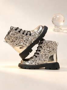 1 Pair Gold Sequin Performance Boots, Shiny Mirror PU Patchwork Material, Round Toe Elastic Soft Sole Inner Zipper Design, Glamorous Princess Style Leather Boots, Suitable For Daily, Holiday, Performance, Autumn/Winter New - Gold - View 4