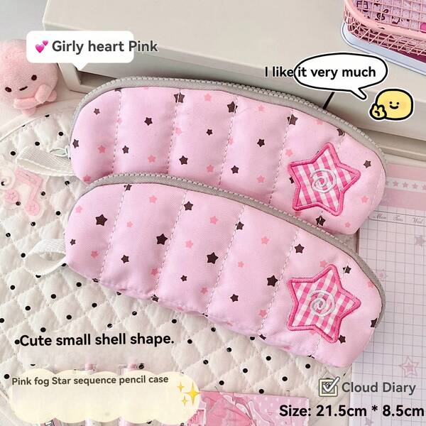 1pc Cartoon Anime Pink Mist Star Sequence Shell Pencil Case, Pink Star Embroidery Plaid Pentagram Storage Bag, Large Capacity Stationery Bag, School Student Universal Stationery Pencil Case Set, Holiday Stationery Gift
