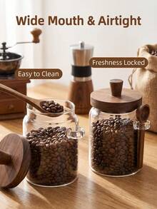 1pc Glass Airtight Storage Jar With Walnut Wood Lid, High-Definition Glass With Silicone Seal Ring, Suitable For Storing Snacks, Cookies, Coffee Beans, Salt, Sugar, Etc. - Clear - View 7