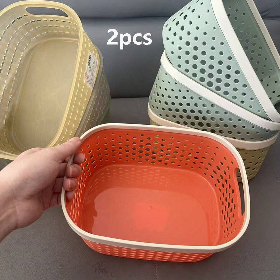 2pcs Multifunctional Thickened Colorful Hollow Storage Boxes, Plastic Storage Baskets For General Merchandise, Desktop Sundries And Stationery Organizer, Toiletries Storage Basket