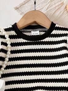 Korean Style Baby Girl Vintage Striped 2-Piece Set, Wavy Hem Faux Layered Patchwork Long Sleeve Top, Soft Textured Striped Loose Flared Pants, Spring/Autumn Outfit - Black and White - View 3