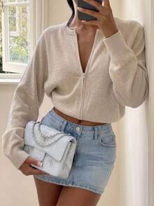 Women's Fall/Winter Gentle Style Solid Color Zip Up Crew Neck Knit Cardigan, Slim Fit Flattering Versatile Casual Top For Daily Office Commute Wear - Apricot - View 3