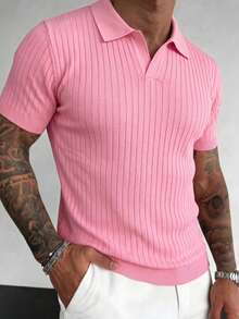 Camisa polo de manga corta de punto acanalado clásico para hombre, unicolor, perfecta para salidas de verano, esencial de moda - Rosa - Ver 3