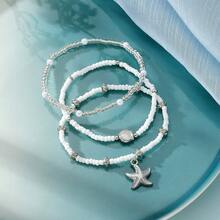 3pcs Fashion Summer Vacation Style Layered Starfish & Shell Pendant Necklace With Rice Bead Chain, Elegant And Unique For Women, Suitable For Beach Wear - Silver - View 4