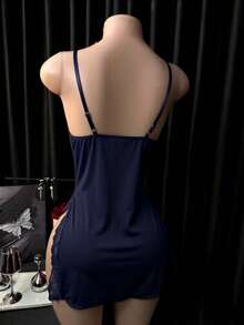 女款純色拼接蕾絲側開衩下擺性感細肩帶洋裝 - 藏蓝色 - 查看 5