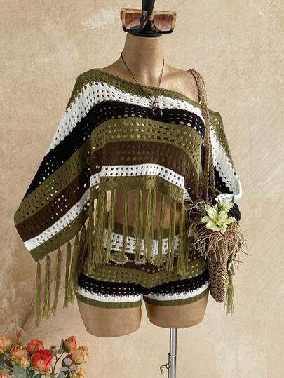 Nuevo Top Corto Casual de Vacaciones con Cuello en V Profundo, Manga Acampanada y Patchwork + Pantalones Cortos con Patchwork de Encaje Bohemio, Boho, Romántico Floral, Vacaciones, Floral