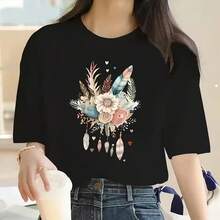2025 Great Offer T-Shirt With Artistic Feather And Flower Print, Casual Short-Sleeved Round-Neck T-Shirt For Summer And Spring, Women's Clothing - Shape - View 1