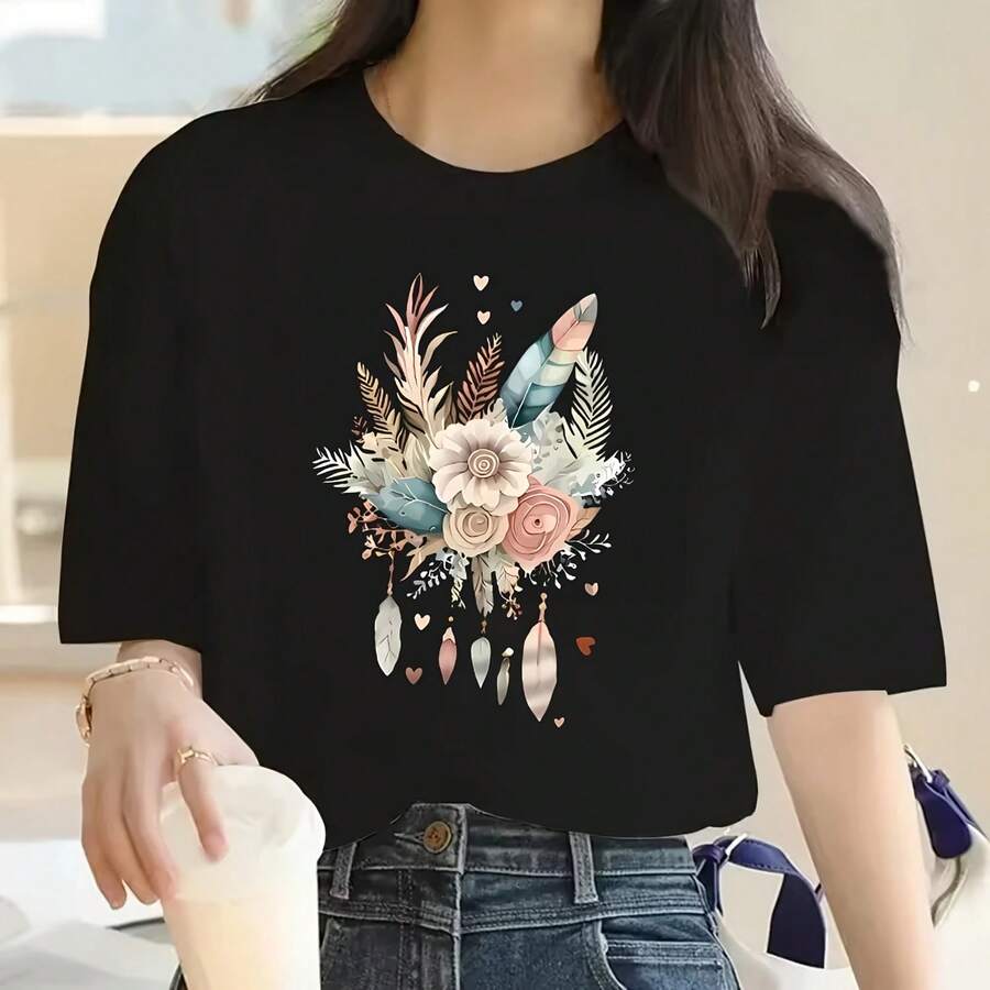 2025 Great Offer T-Shirt With Artistic Feather And Flower Print, Casual Short-Sleeved Round-Neck T-Shirt For Summer And Spring, Women's Clothing - Shape - View 1