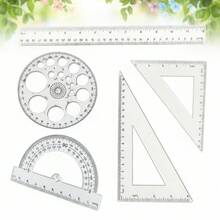 Juego de 5 piezas de reglas de geometría matemática, transportador, triángulo escolar, transparente | Herramientas de geometría de plástico transparente para dibujo, incluye transportadores, triángulos, regla recta, juego de dibujo redondo para clase de matemáticas y hogar - Conjuntos - Ver 1