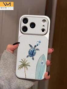 1pc Fashionable Personalized Coconut Tree Turtle Surfboard Pattern Full Coverage Button Classic Anti-Drop Metal Paint High-End Texture Soft Sheepskin Texture PU Leather Phone Case, Suitable As Birthday Gift, Holiday Gift For Friends, Family, Couples, Yourself, Compatible With IPhone 17/16/15/14/13/12/11 Series - Multicolor - View 2
