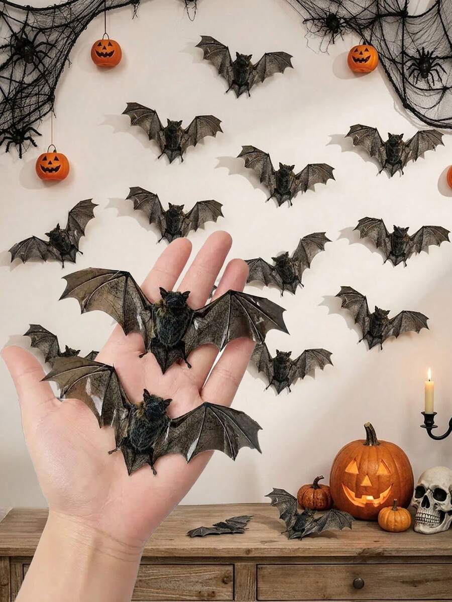 6pcs Halloween 3D Bat Wall Stickers, Realistic Flying Bat Wing Design Wall Decals, Vintage Gothic Horror Style Wall Decor, Removable Bat Decorations, Suitable For Home Walls, Windows, Doors, Halloween Party Background Decoration, Haunted House Decoration - A - View 1