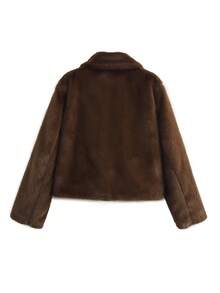 Women's French Vintage Lapel Short Plush Coat, High-End Texture Fluffy Long Fur Long Sleeve With Pockets Warm Overcoat Winter - Brown - View 9