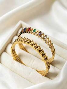 Luxury Elegant Rainbow 2pcs Bracelet Set, 18K Gold Plated Stainless Steel Material, Colorful Cubic Zirconia Bracelet, Minimalist Fashion New Jewelry, Suitable For Women's Daily Wear Jewelry Gift - Gold - View 6