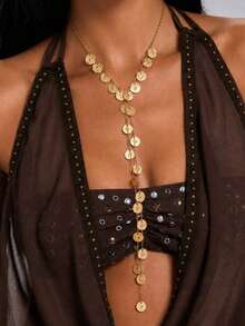 1pc Fashion Minimalist Street Style Vintage Metal Disc Pendant Necklace, Y-Shaped Disc Tassel Collarbone Chain, Suitable For Parties, Vacations, Gifts For Friends And Family, Daily Wear - Gold - View 1