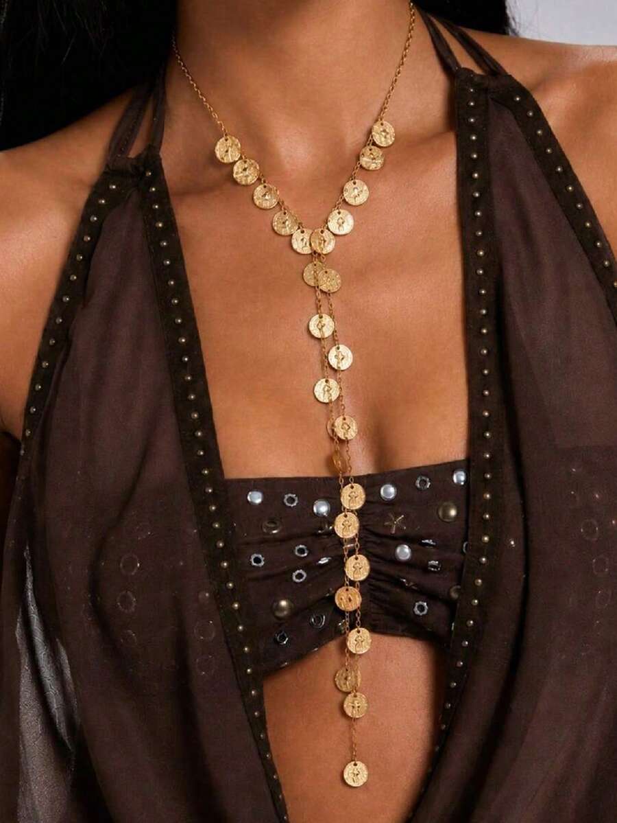 1pc Fashion Minimalist Street Style Vintage Metal Disc Pendant Necklace, Y-Shaped Disc Tassel Collarbone Chain, Suitable For Parties, Vacations, Gifts For Friends And Family, Daily Wear - Gold - View 1